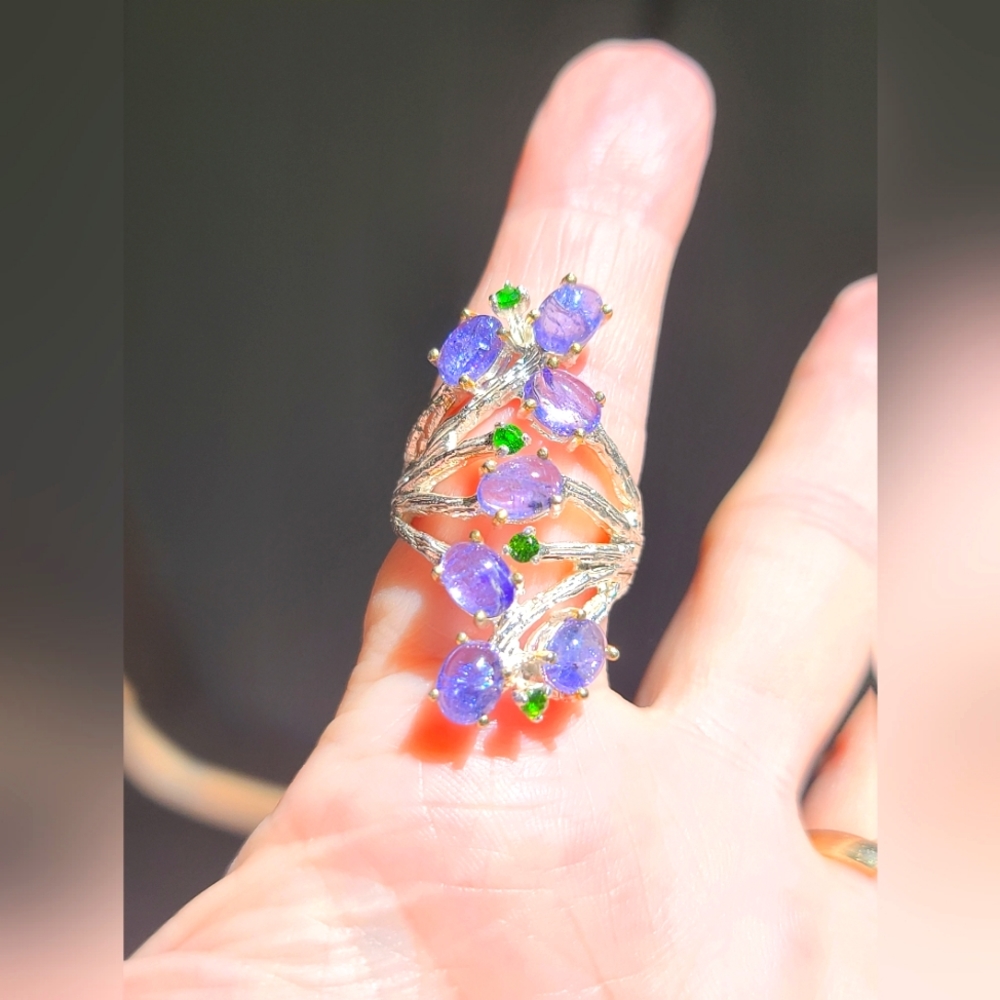 Tanzanite & Chrome Diopside sterling finger cuff sz8